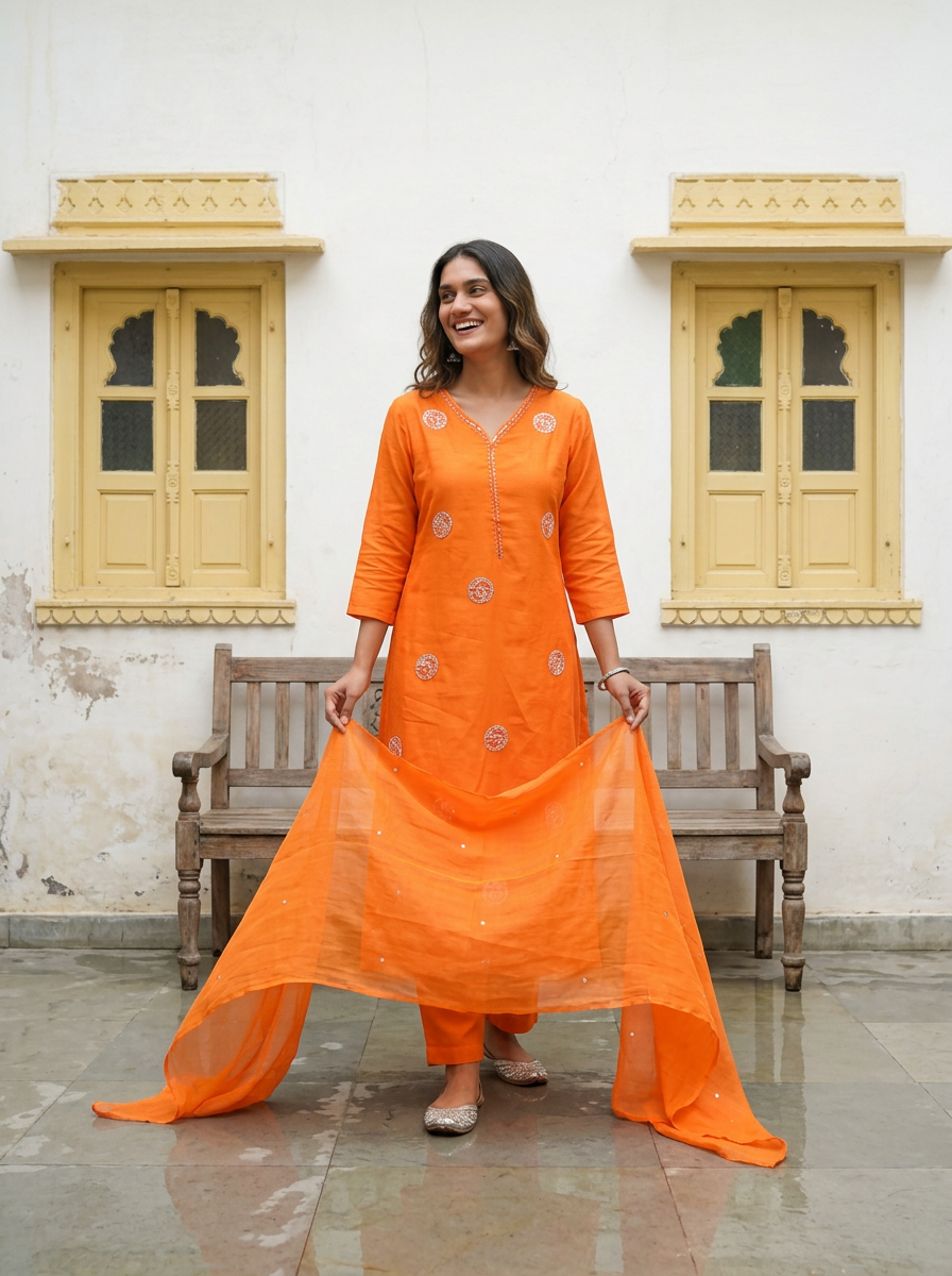 Hand-Embroidered Dola Silk A-Line Kurta Set