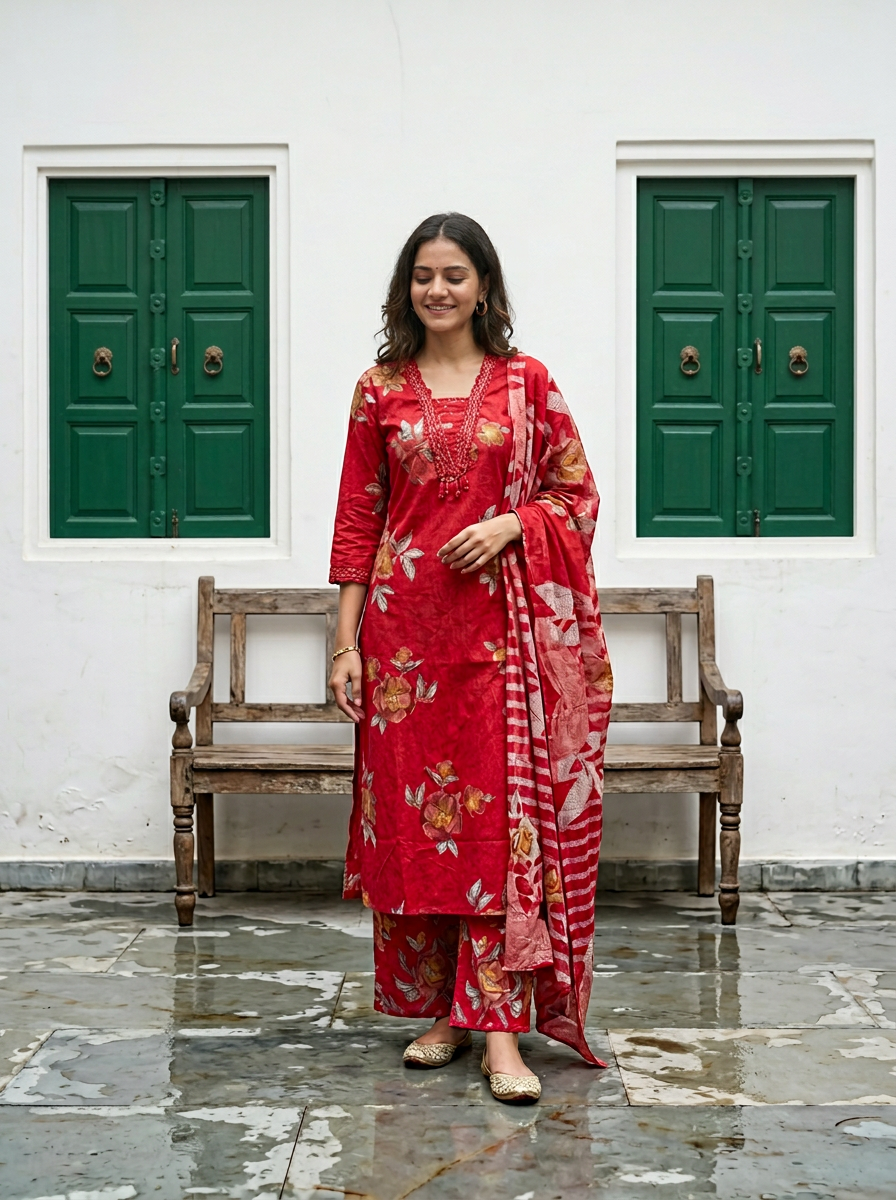 Floral Cotton Suit Set with Printed Dupatta