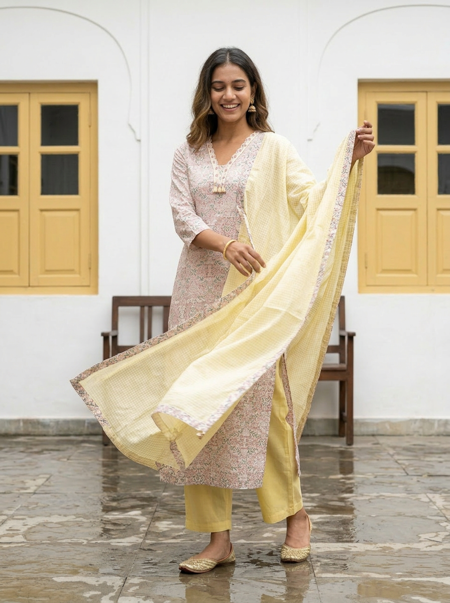 Cream Cotton Suit Set With Kota Doriya Dupatta