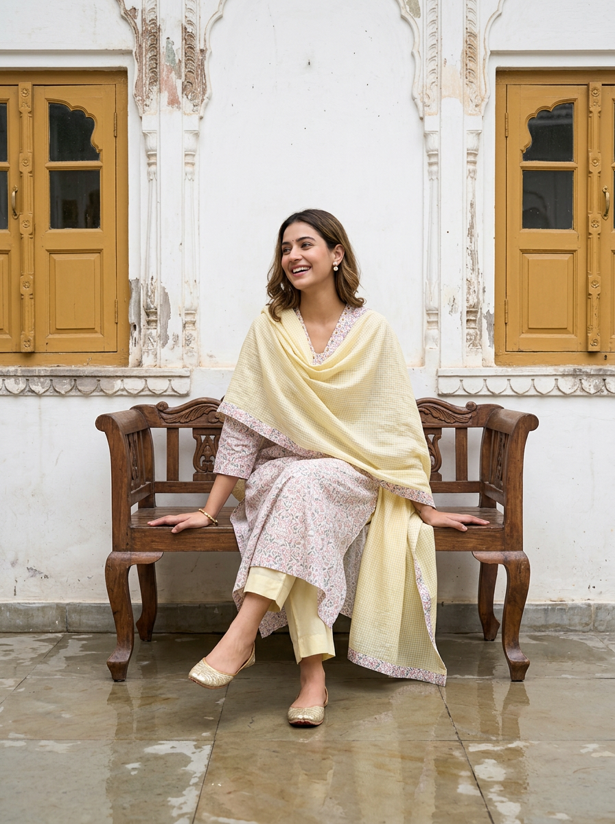 Cream Cotton Suit Set With Kota Doriya Dupatta