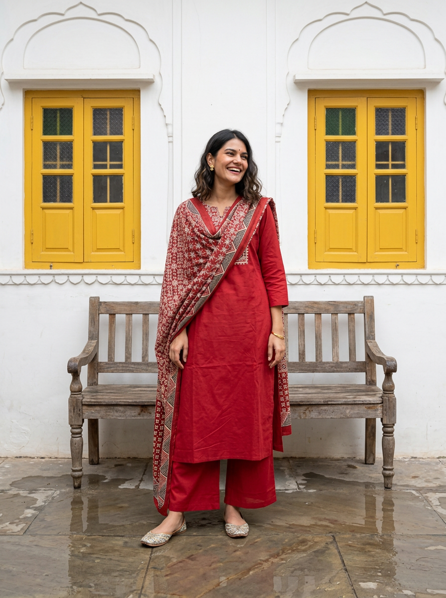 Red Cotton Suit Set with Ajrak Printed Dupatta