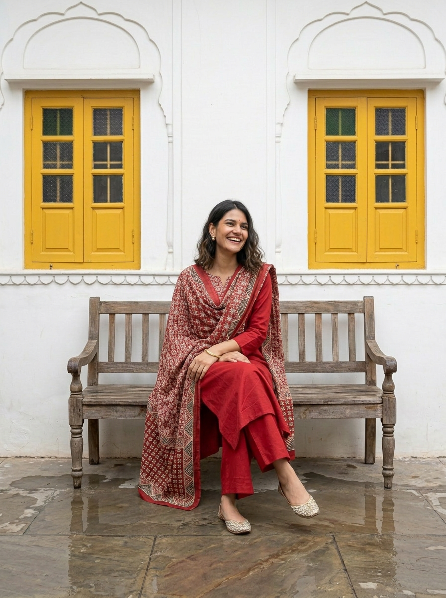 Red Cotton Suit Set with Ajrak Printed Dupatta