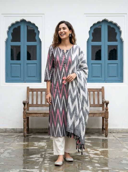 Ikkat cotton kurta set with dupatta