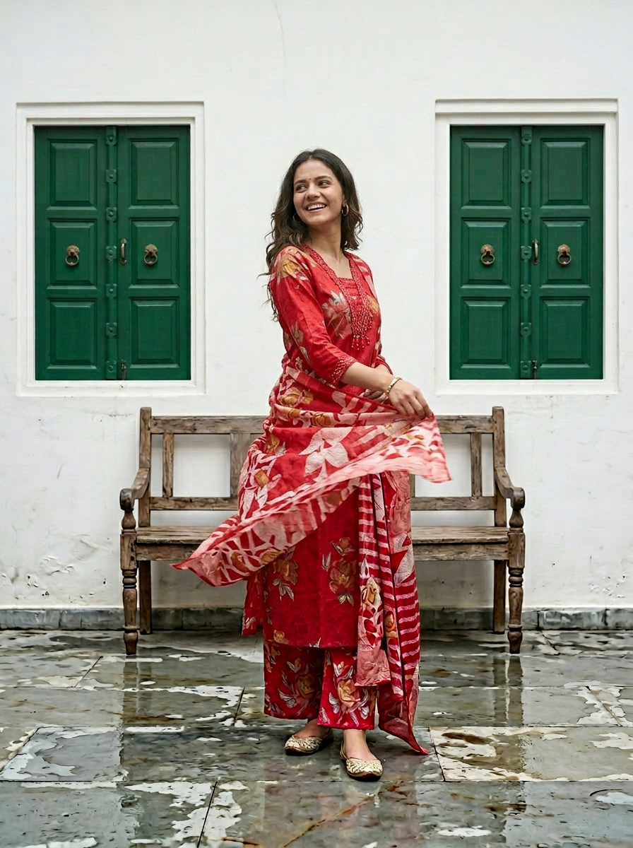 Floral Cotton Suit Set with Printed Dupatta
