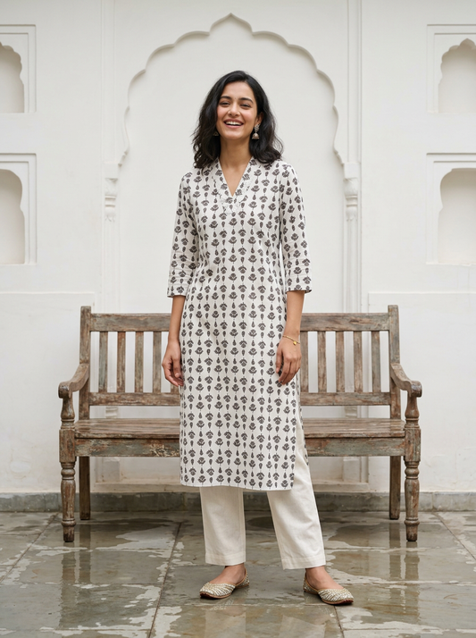 White Floral print cotton Kurta.