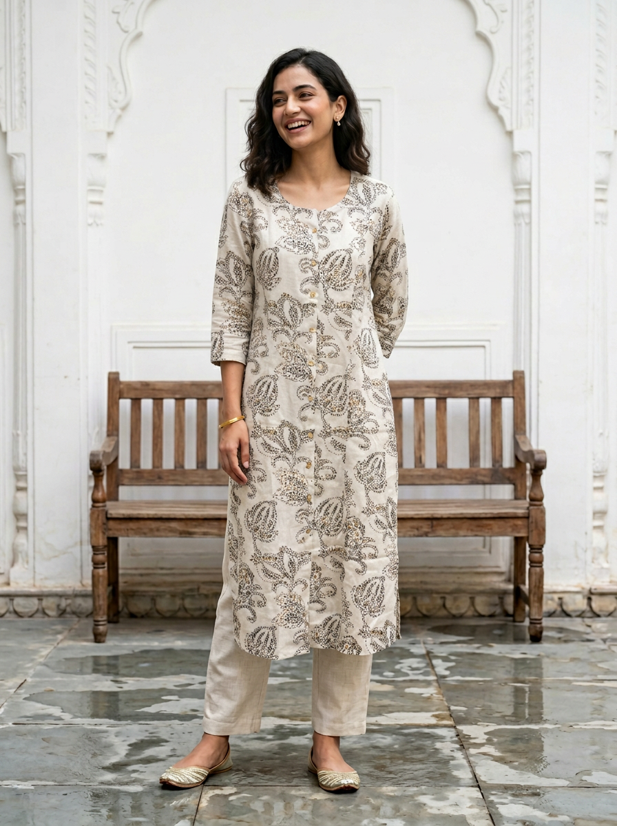 White Floral print cotton straight Kurta.