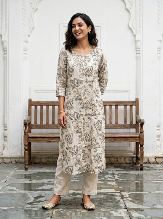 White Floral print cotton straight Kurta.