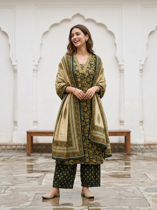 Green Printed Cotton A-line Suit Set
