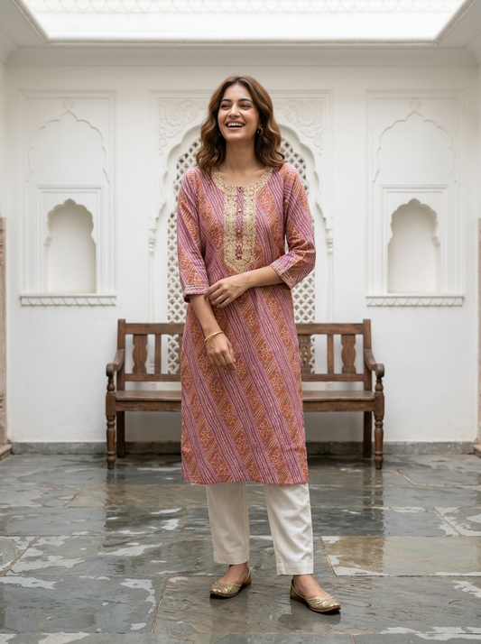 Pink Bandej print muslin Kurta.