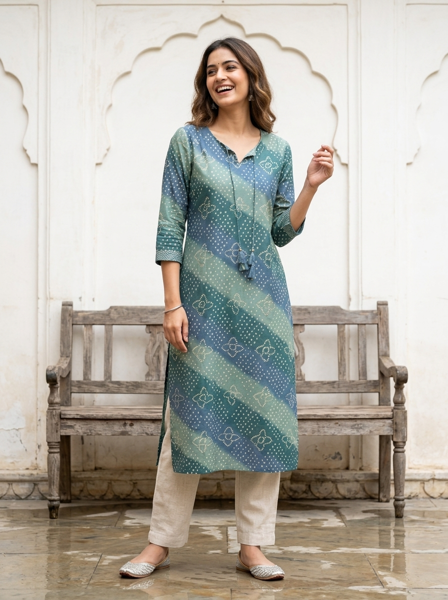 Blue Bandej print muslin Kurta.