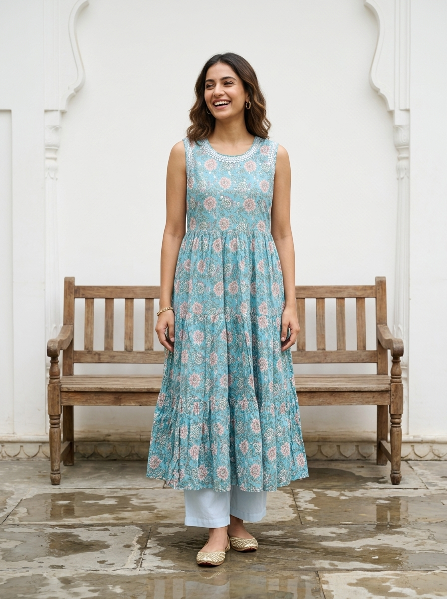 Blue printed cotton dress