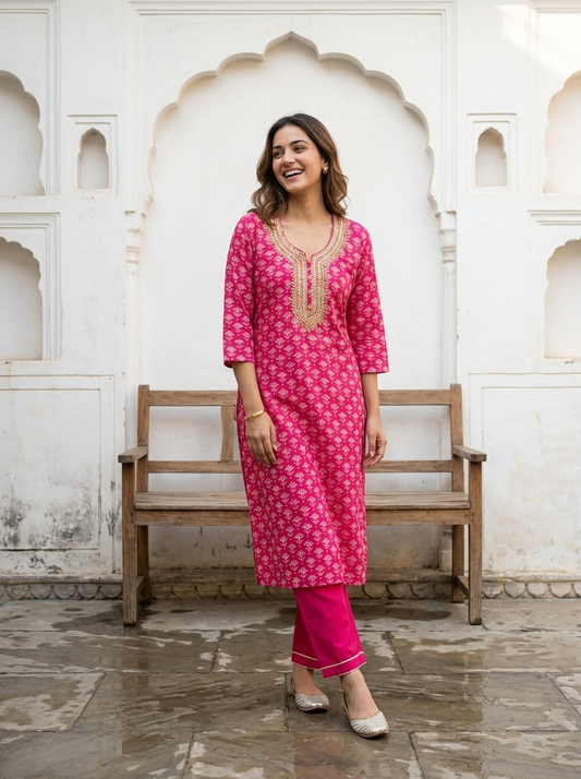 Pink Chanderi Silk kurta set with embroidery