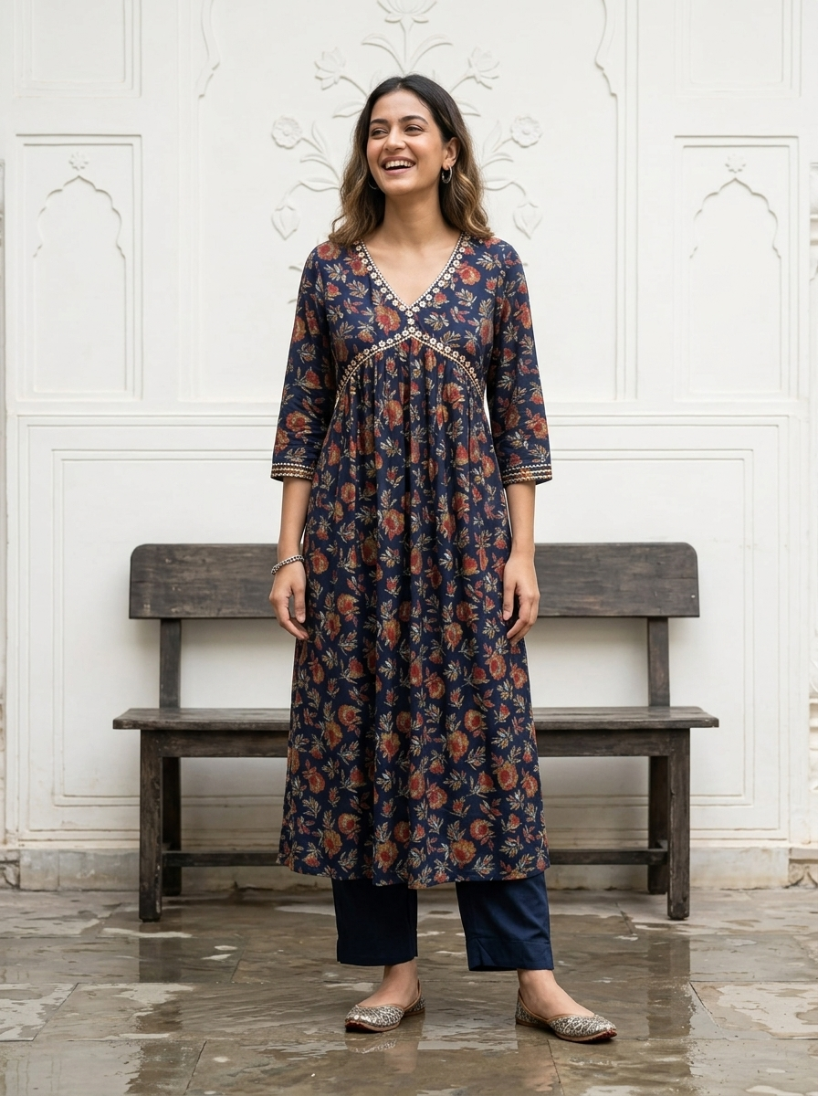 Blue Floral printed Muslin kurta set with pittan work
