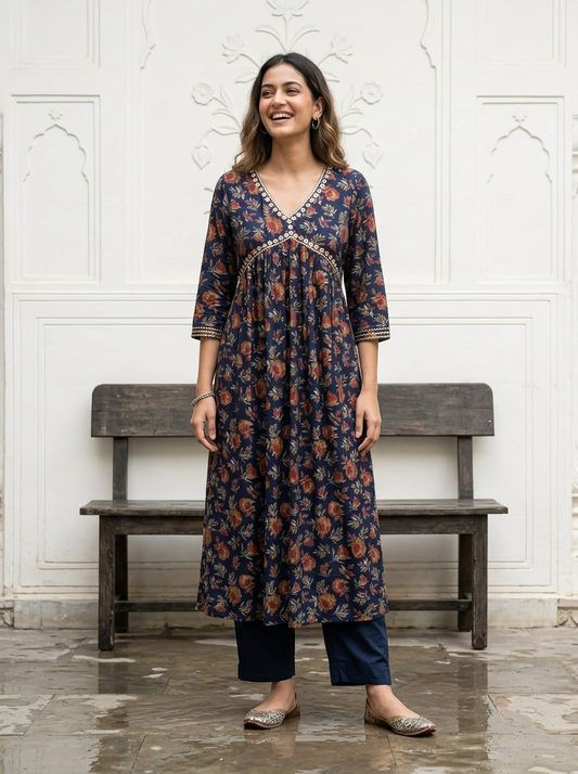 Blue Floral printed Muslin kurta set with pittan work