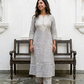 White Floral printed Mul cotton kurta set with embroidery