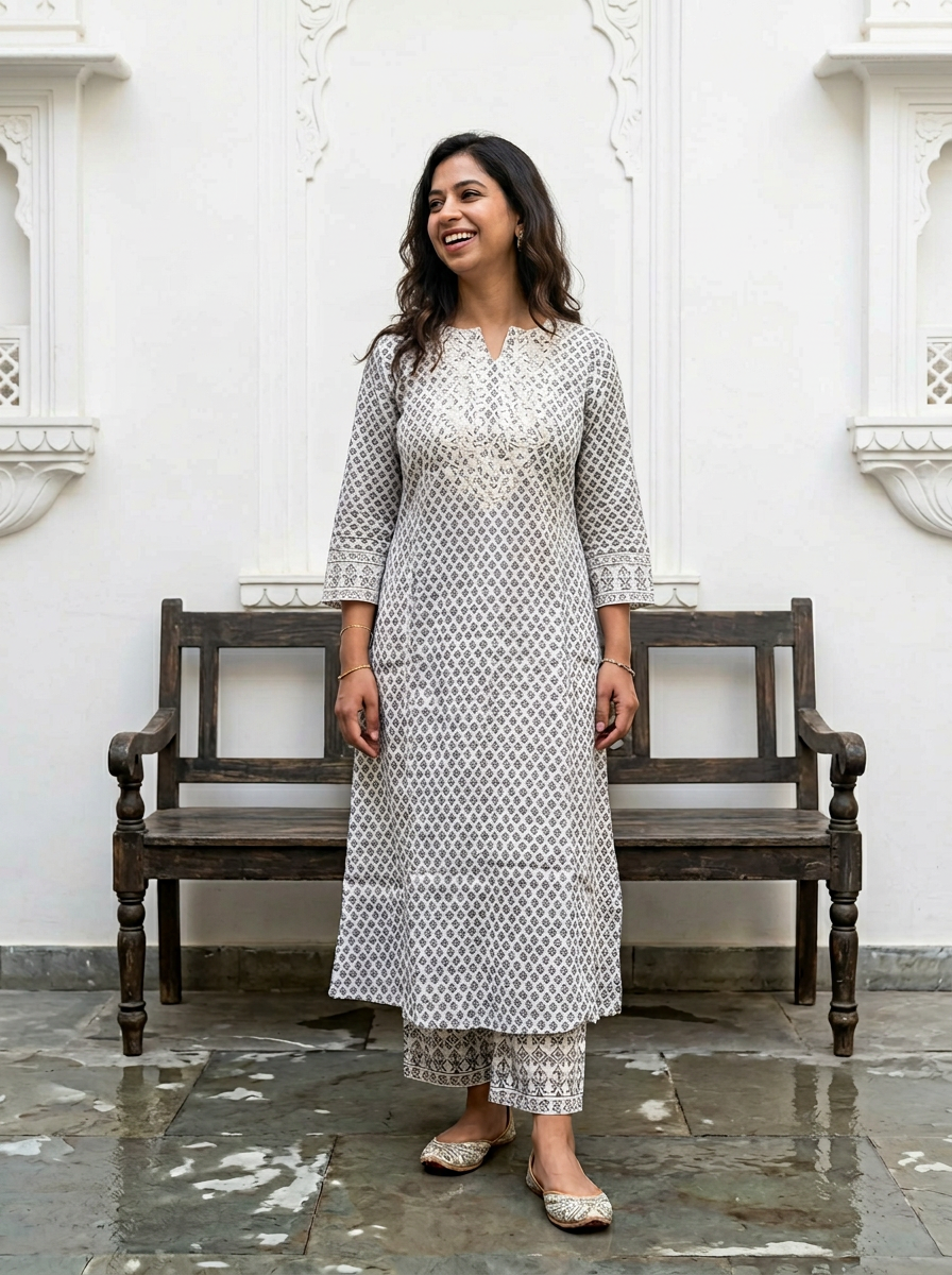 White Floral printed Mul cotton kurta set with embroidery
