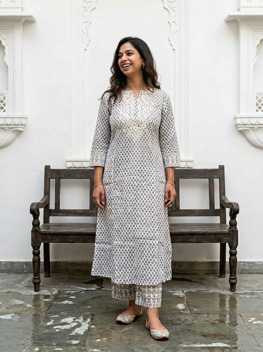 White Floral printed Mul cotton kurta set with embroidery