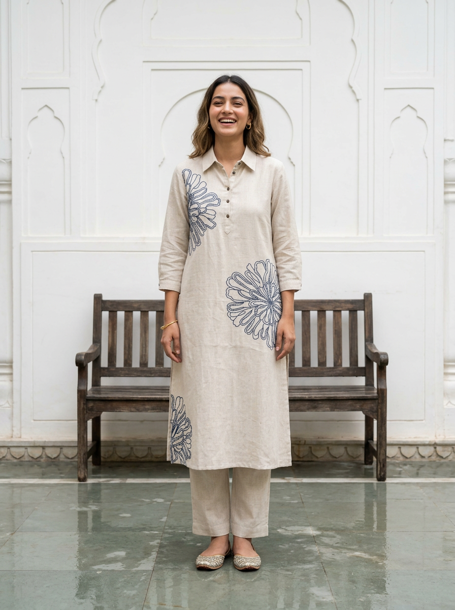 Off white Flex Cotton Kurta with embroidery
