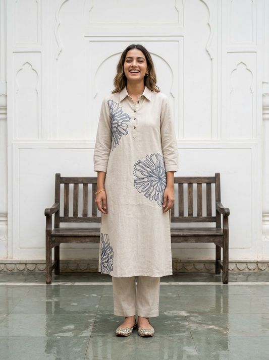 Off white Flex Cotton Kurta with embroidery