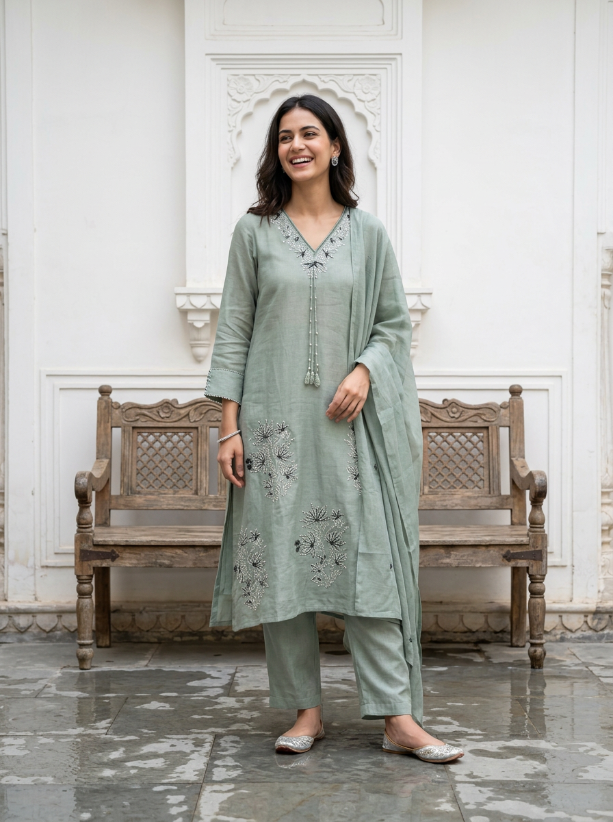 Sea Green Mul Cotton Suit Set with hand katha work