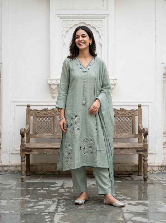 Sea Green Mul Cotton Suit Set with hand katha work