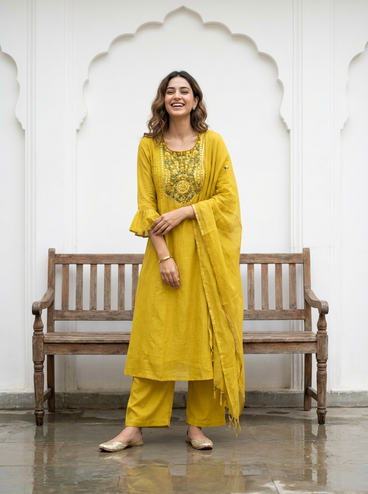 Yellow Mul Cotton Suit Set with hand katha work