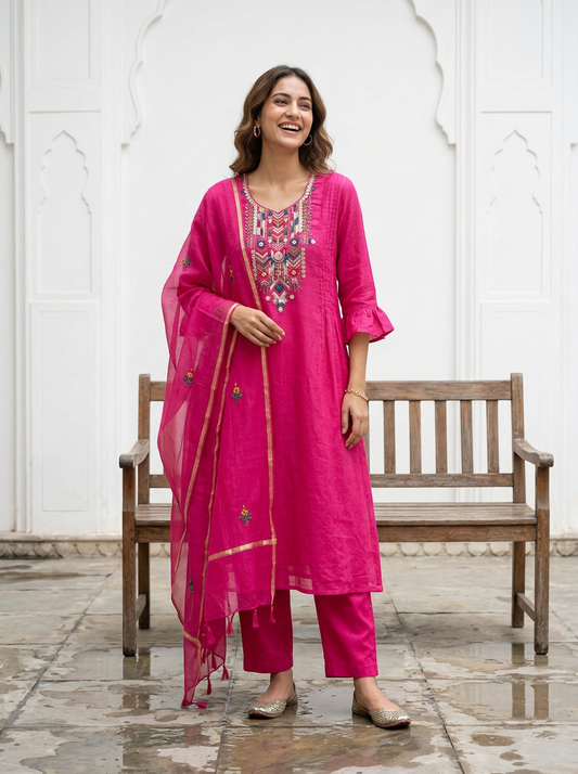 Pink Mul Cotton Suit Set with hand katha work