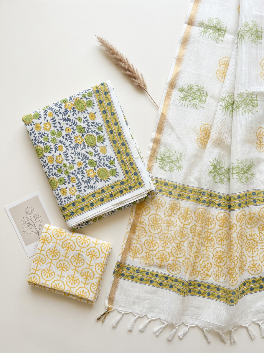 Kota Doriya Dupatta Cotton Block Printed Unstitched Suit Set