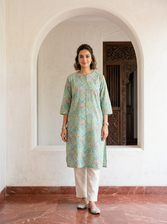 Mint Floral Cotton Kurta (Plus Size Friendly)