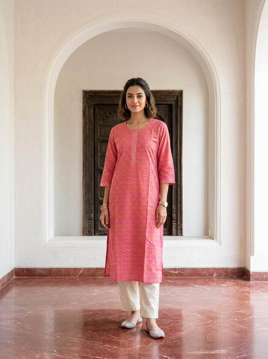 Pink Printed Cotton Kurta