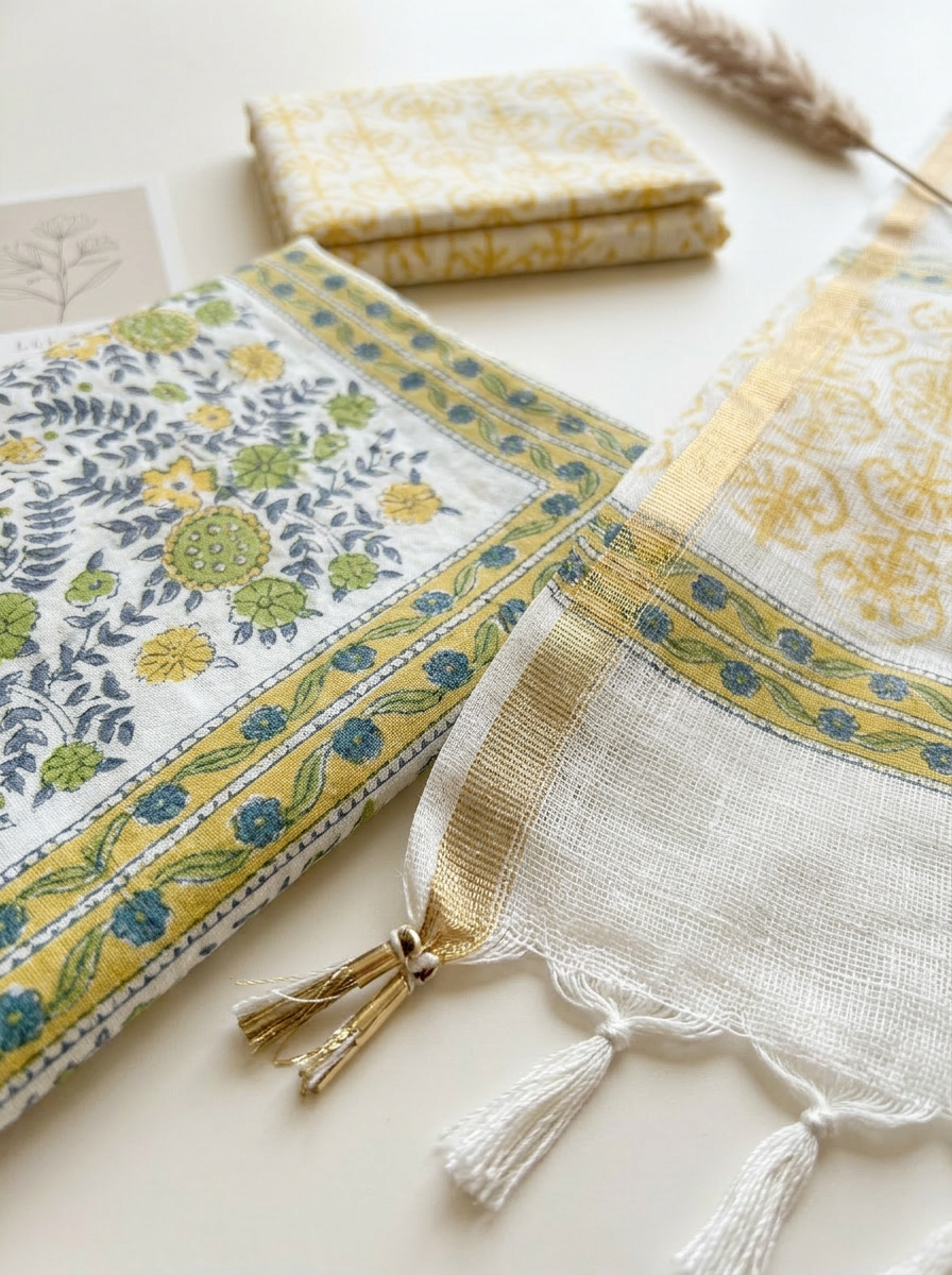 Kota Doriya Dupatta Cotton Block Printed Unstitched Suit Set