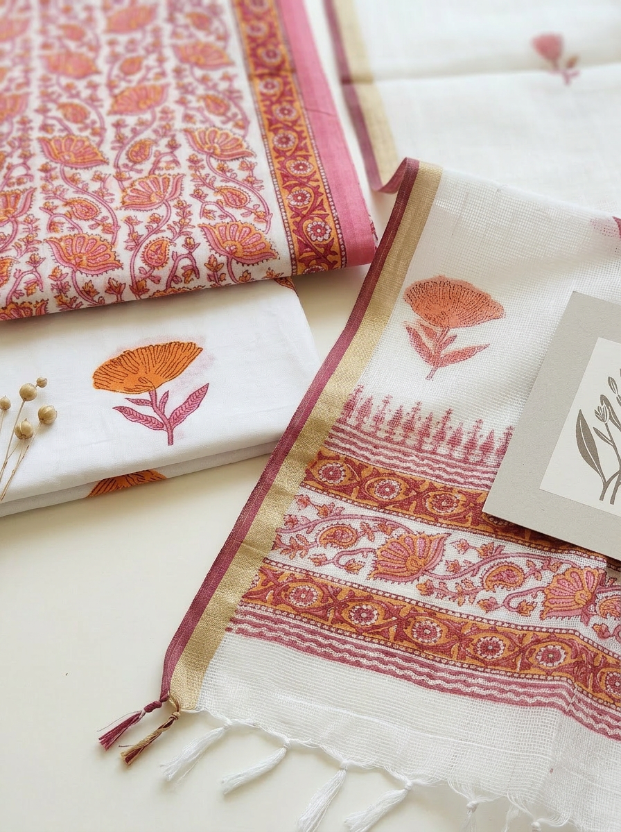 Kota Doriya Dupatta Cotton Block Printed Unstitched Suit Set