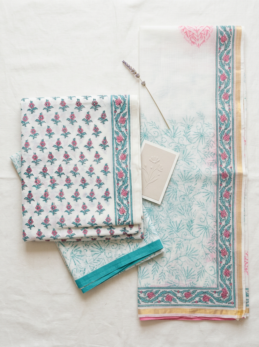 Kota Doriya Dupatta Cotton Block Printed Unstitched Suit Set