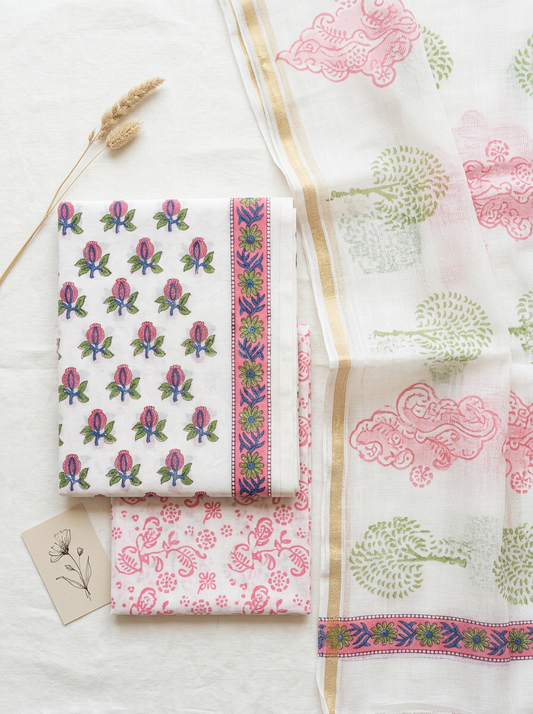 Kota Doriya Dupatta Cotton Block Printed Unstitched Suit Set