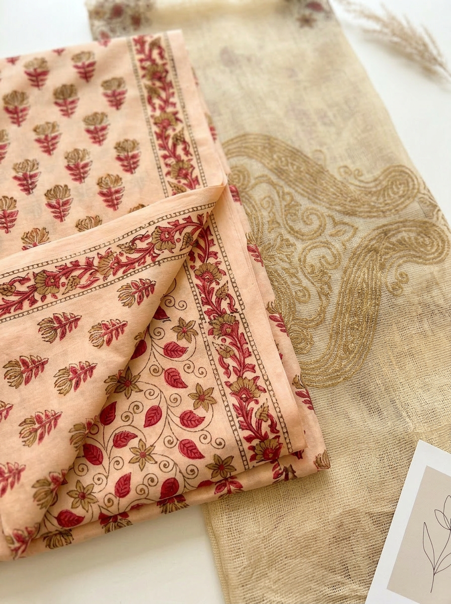 Kota Doriya Dupatta Cotton Block Printed Unstitched Suit Set