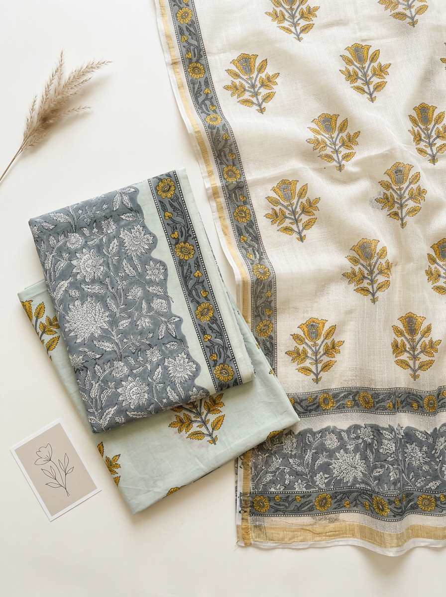 Kota Doriya Dupatta Cotton Block Printed Unstitched Suit Set