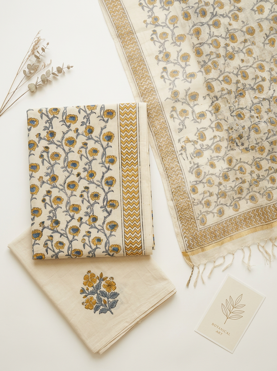 Kota Doriya Dupatta Cotton Block Printed Unstitched Suit Set