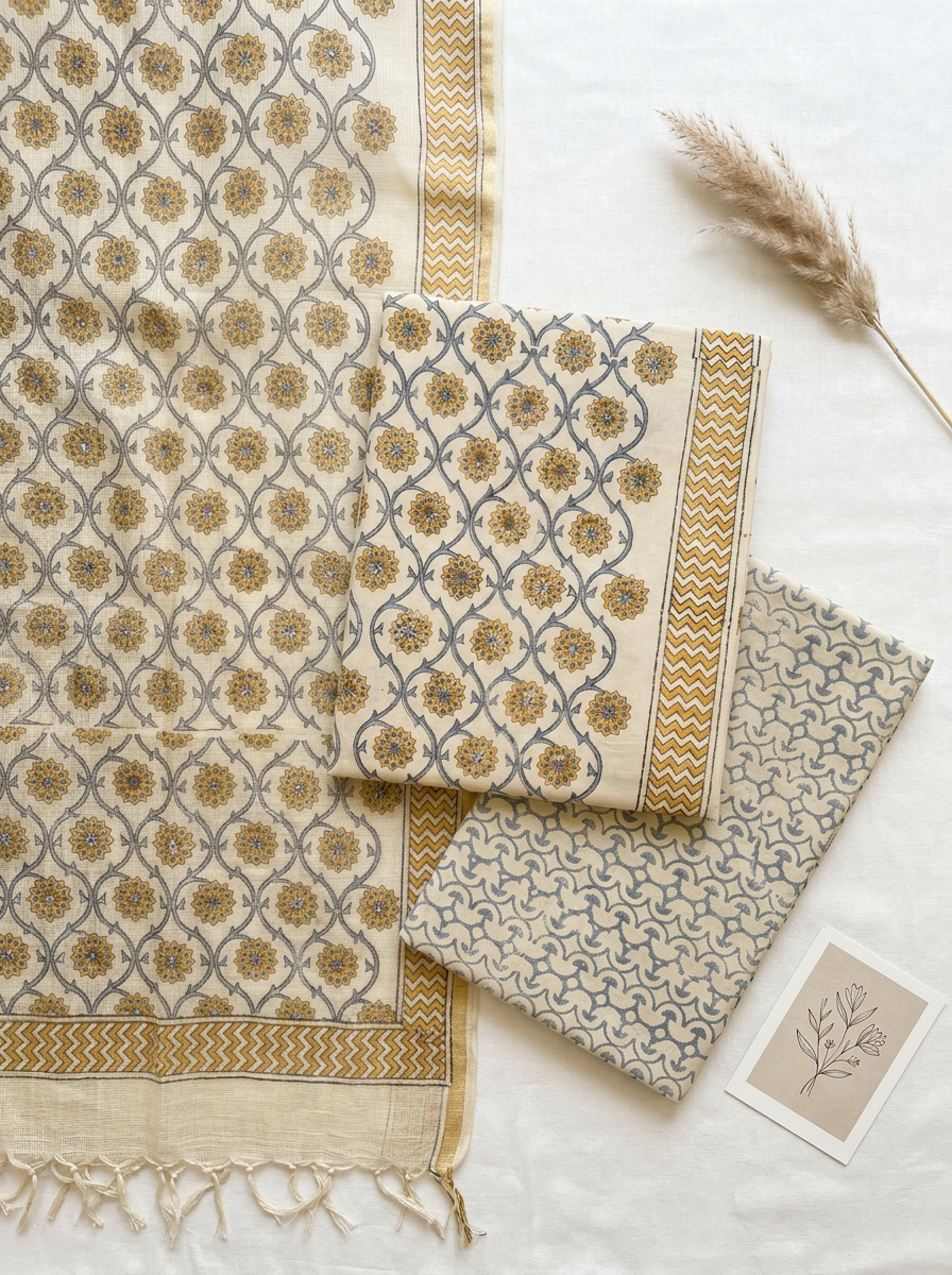 Kota Doriya Dupatta Cotton Block Printed Unstitched Suit Set