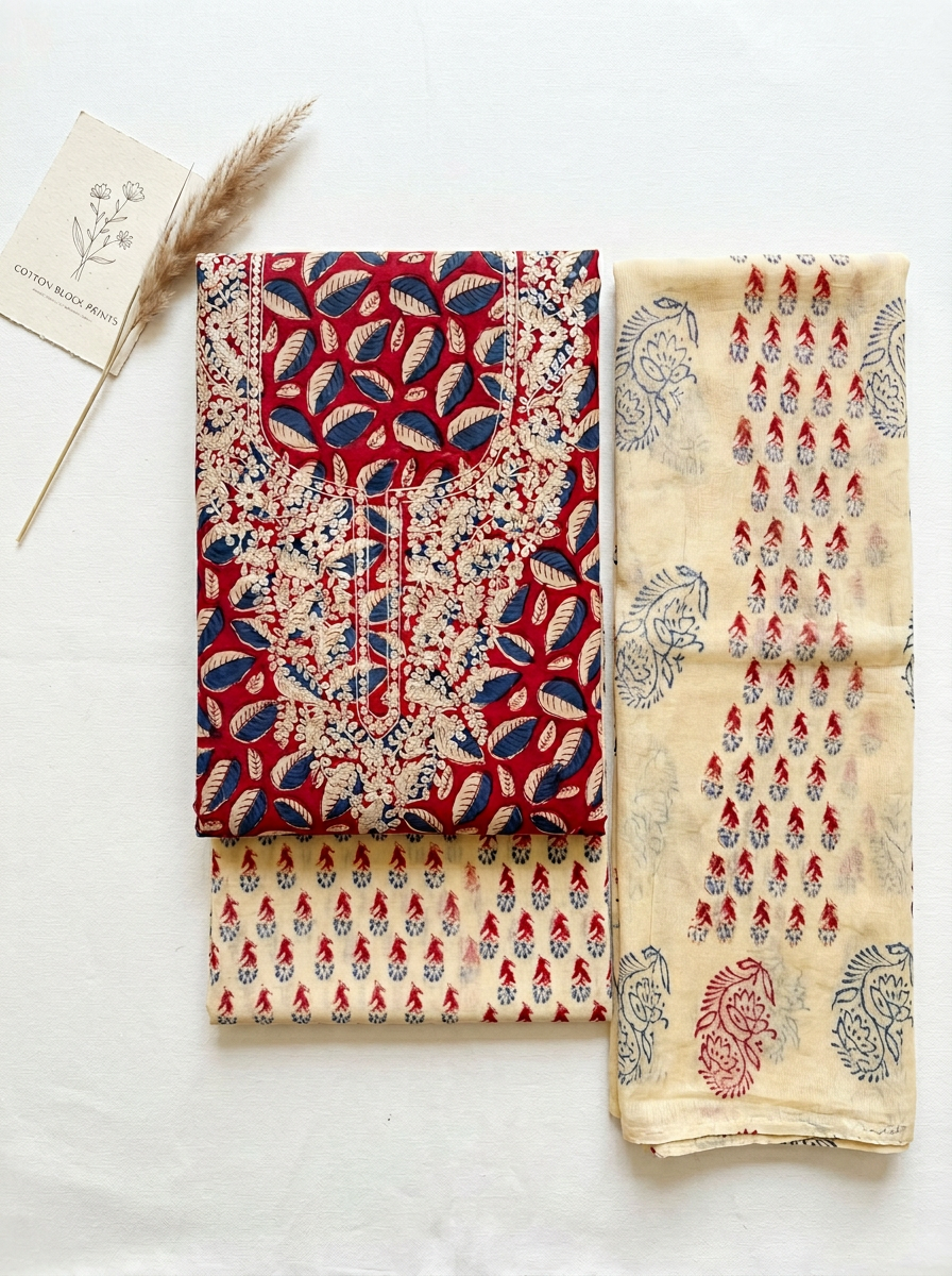 Premium Embroidered Cotton Block Printed Unstitched Suit Set