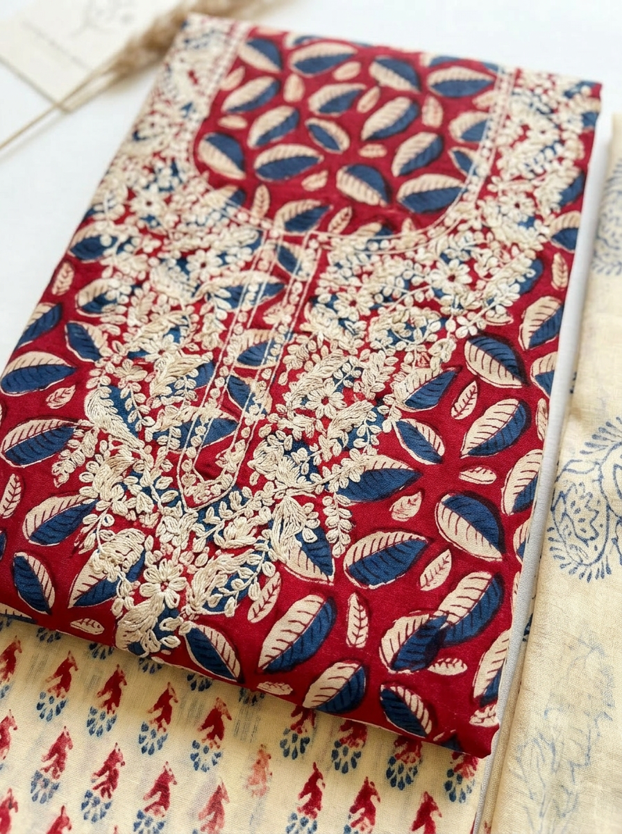 Premium Embroidered Cotton Block Printed Unstitched Suit Set