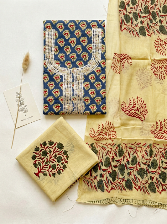 Premium Embroidered Cotton Block Printed Unstitched Suit Set