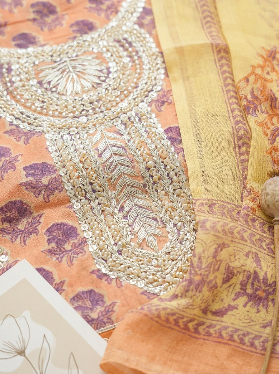 Premium Embroidered Cotton Block Printed Unstitched Suit Set