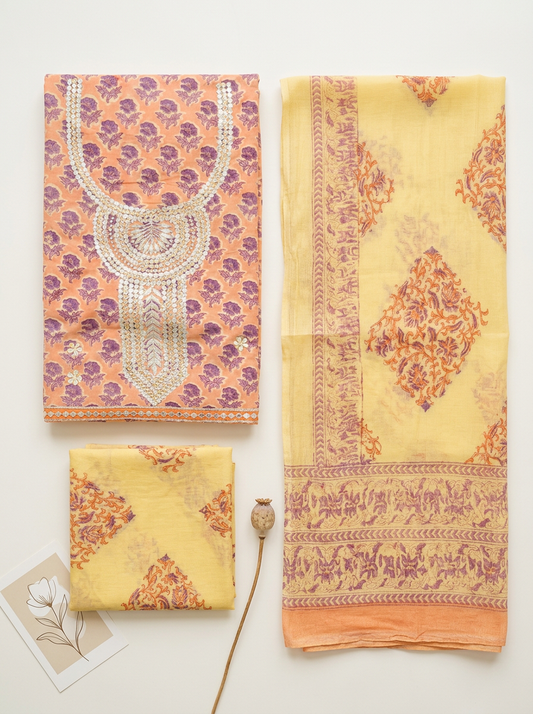 Premium Embroidered Cotton Block Printed Unstitched Suit Set