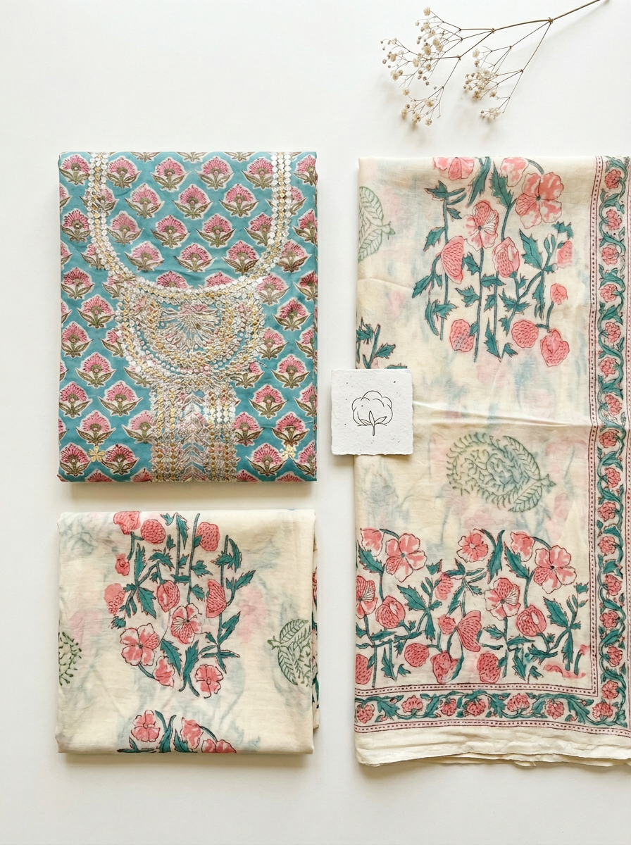 Premium Embroidered Cotton Block Printed Unstitched Suit Set