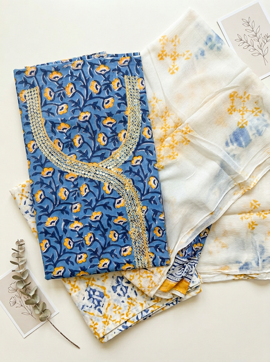Thread Embroidered Cotton Block Printed Unstitched Suit Set