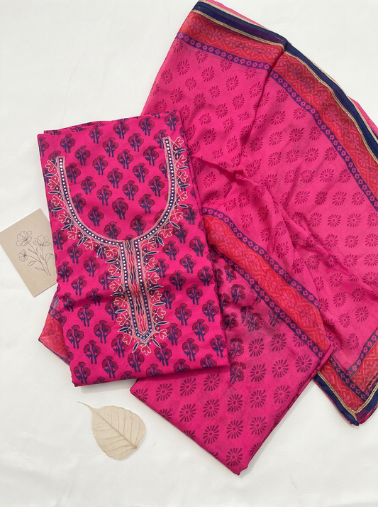 Thread Embroidered Cotton Block Printed Unstitched Suit Set