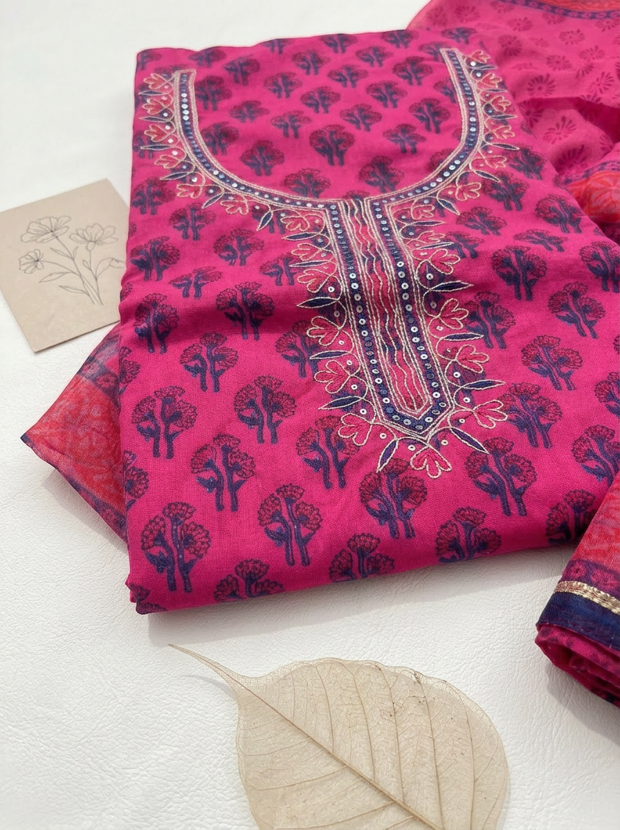 Thread Embroidered Cotton Block Printed Unstitched Suit Set