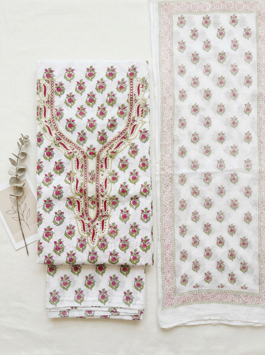 Thread Embroidered Cotton Block Printed Unstitched Suit Set