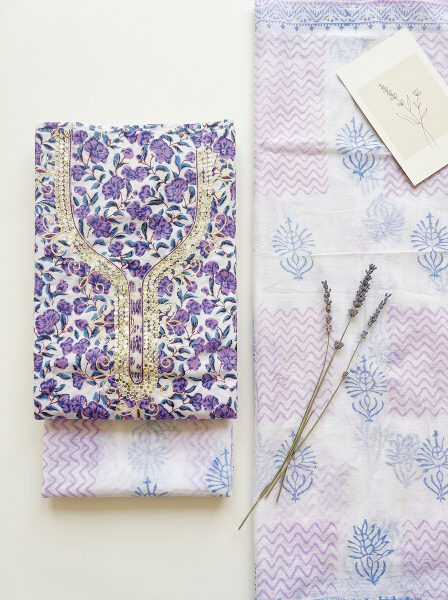 Thread Embroidered Cotton Block Printed Unstitched Suit Set