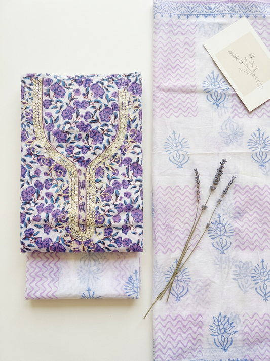 Thread Embroidered Cotton Block Printed Unstitched Suit Set